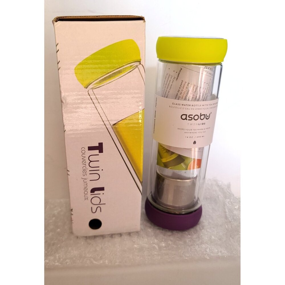 Asobu Twin Lids Glass Water Bottle With Tea Infuser 14 oz Double Walled NEW